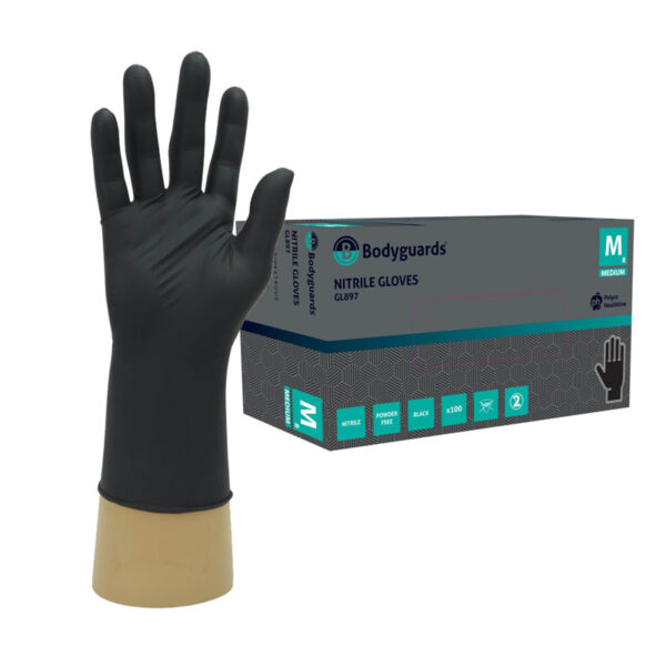 Polyco Bodyguards GL897 Disposable Black Nitrile Examination Gloves | Medical | Industrial | Hair, Beauty | Food | Janitorial | Powder Free | Latex Free | 1 Box of 100 gloves